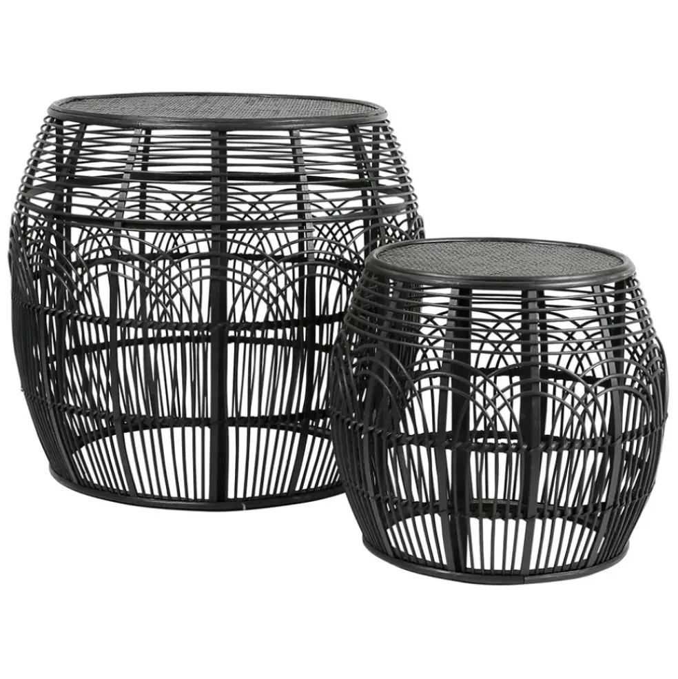 Table d'appoint ronde (x2) en rotin et bois noir - Element