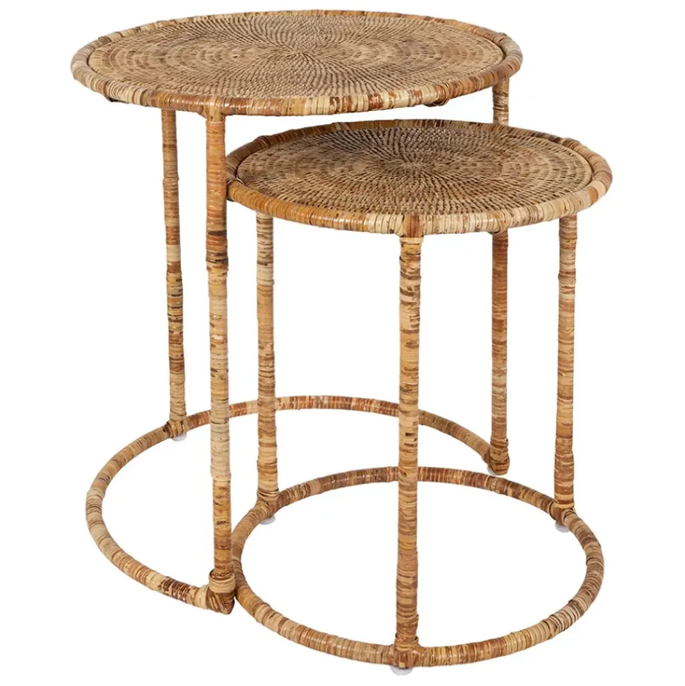 Table gigogne rond par 2 en fer et rotin naturel 50x50cm - Pasil