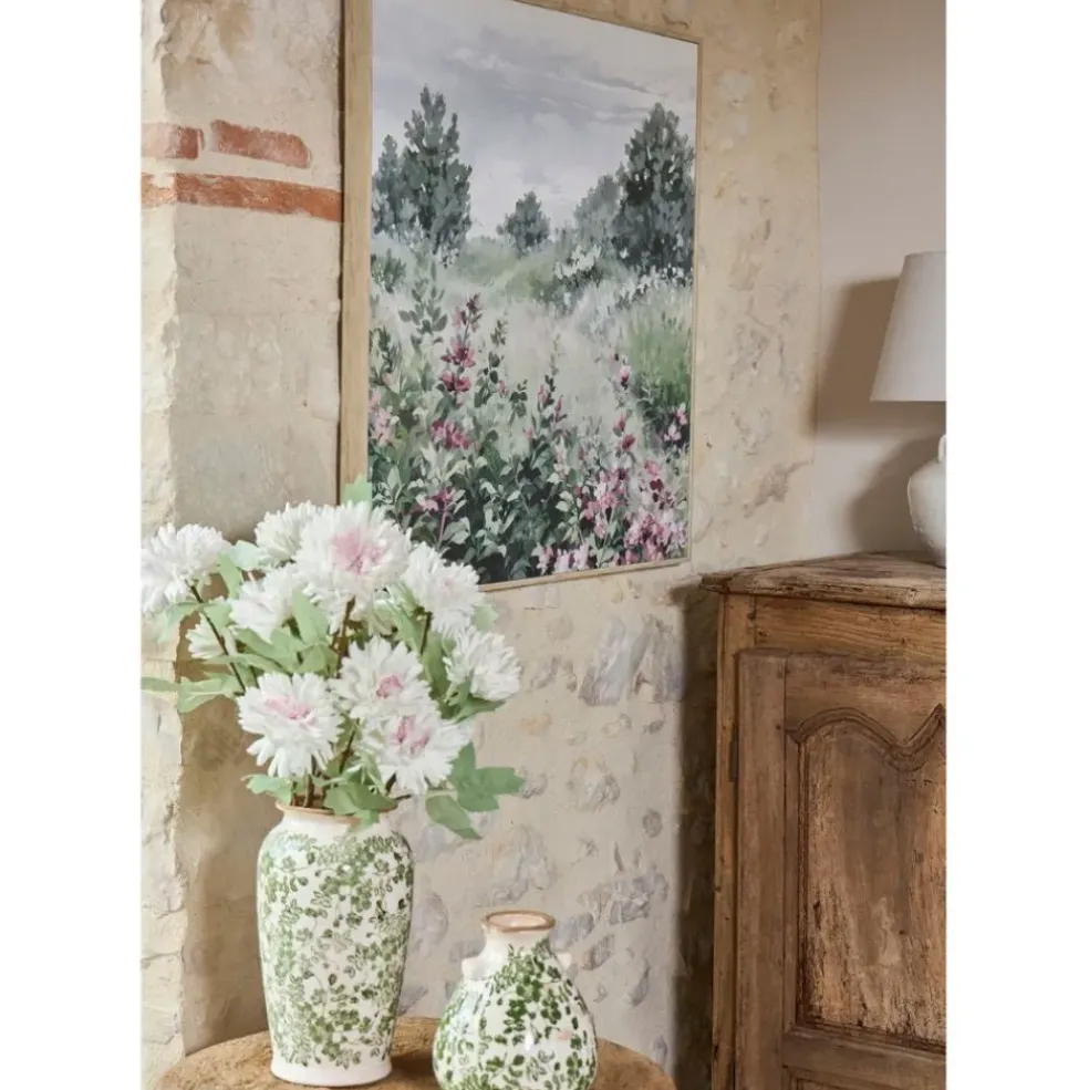 Tableau campagne en toile vert et rose 80x80cm