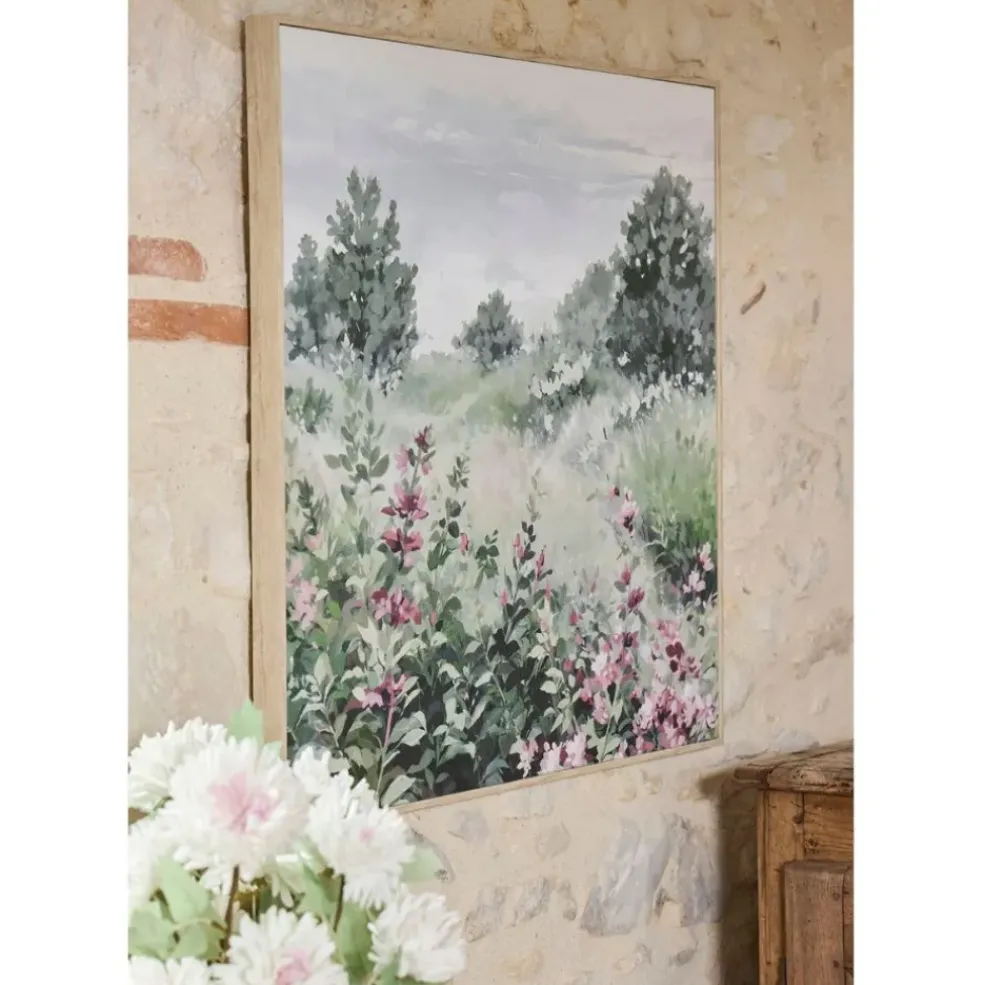 Tableau campagne en toile vert et rose 80x80cm