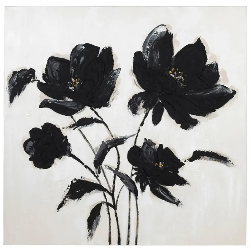 Tableau fleurs en toile et pin noir et doré 100x100cm - Fleurs