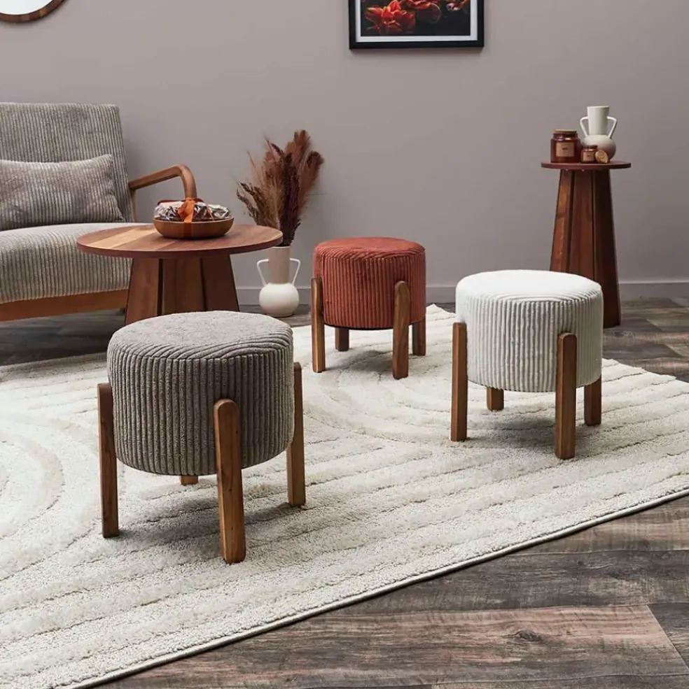 Tabouret en tissu côtelé terracotta et bois d'acacia - Scarlett