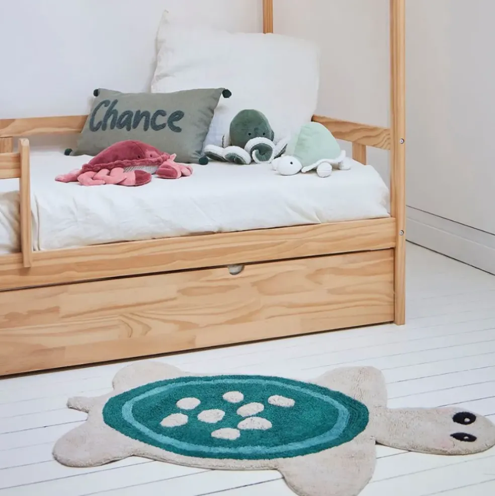 Tapis tortue en coton tufté écru et bleu 92x65cm