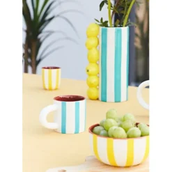 Tasse à café en grès rayée turquoise et blanc 17cl - Alaria