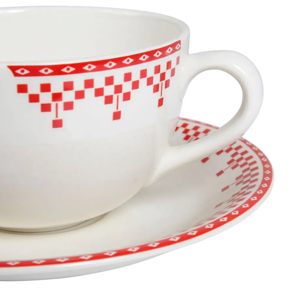 Tasse et sous-tasse en faïence damier rouge - campagne