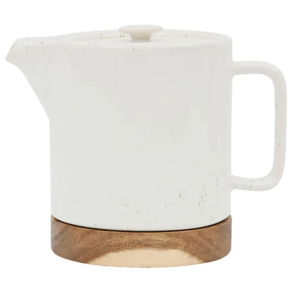 Théière avec filtre blanc moucheté 1.15l en grès et dessous en bois - nordika
