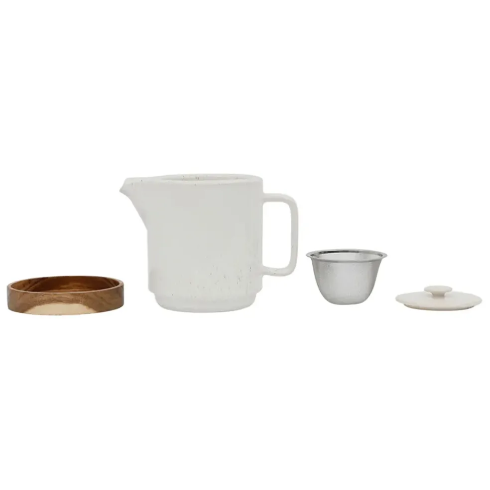 Théière avec filtre blanc moucheté 1.15l en grès et dessous en bois - nordika