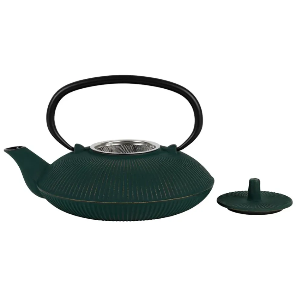 Théière en fonte plate avec filtre émeraude et doré 75cl