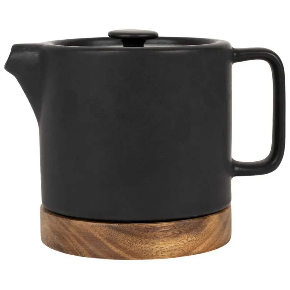 Théière en grès noir mat et bois avec filtre - nordika