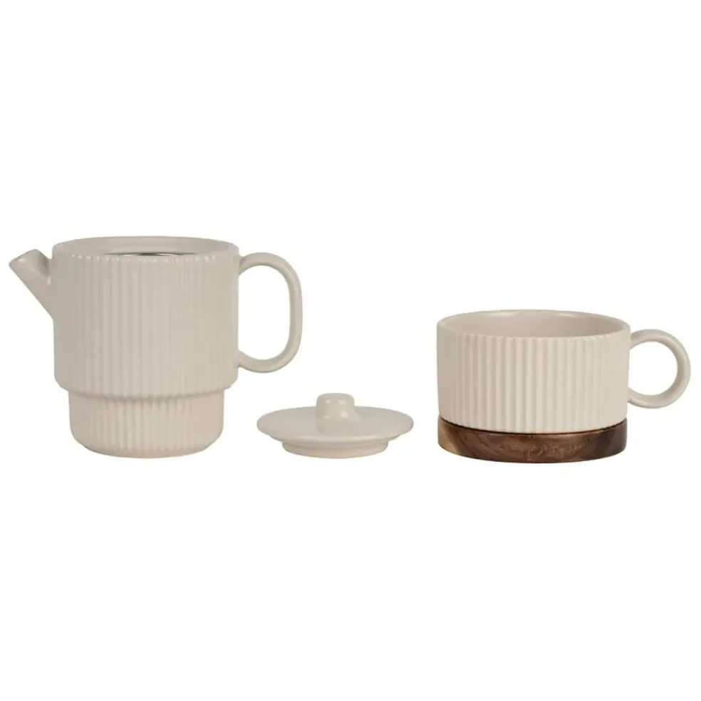 Théière solitaire avec tasse et filtre en grès écru 45cl - Sweet Leaves