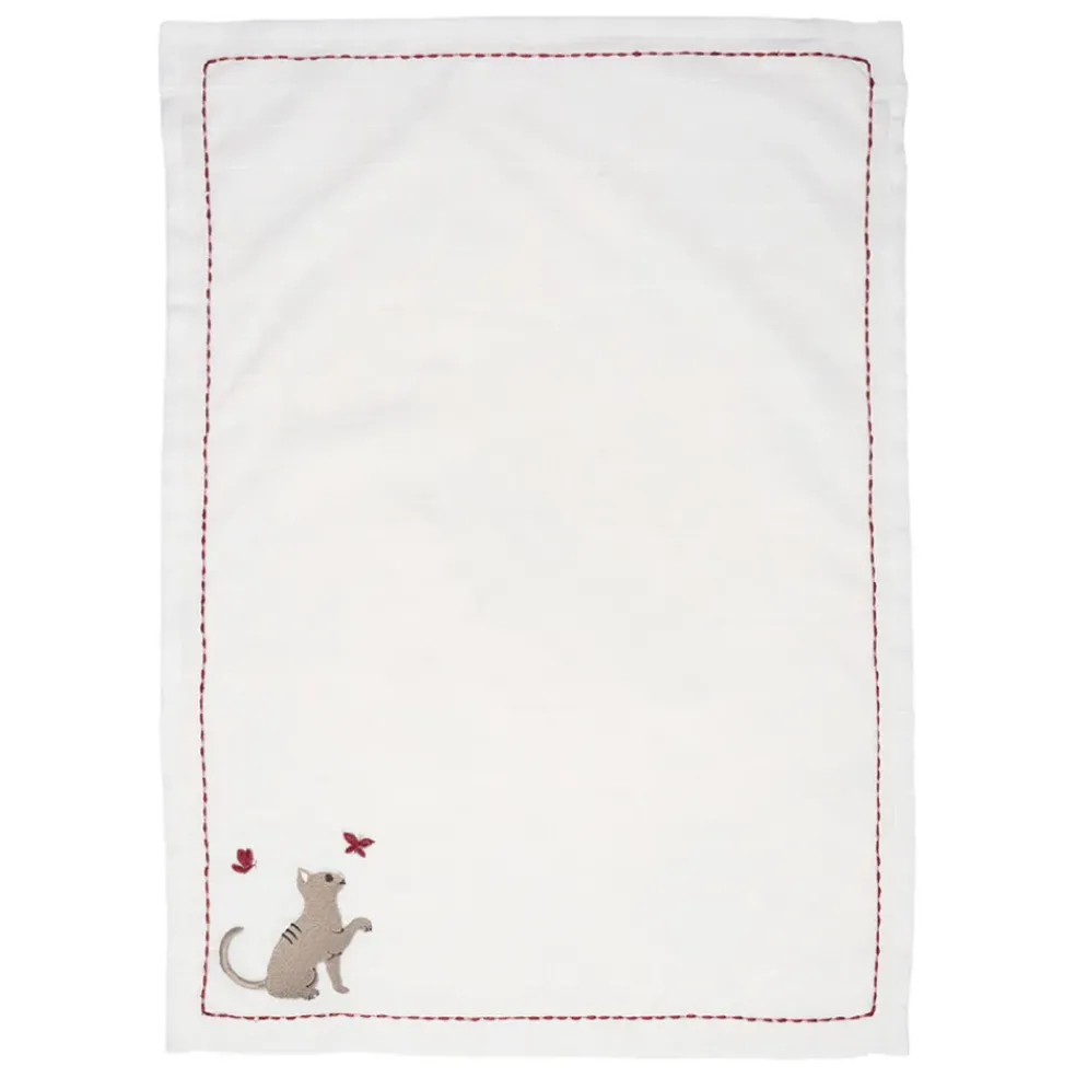 Torchon en coton blanc avec chat 70x50cm - A La Ferme
