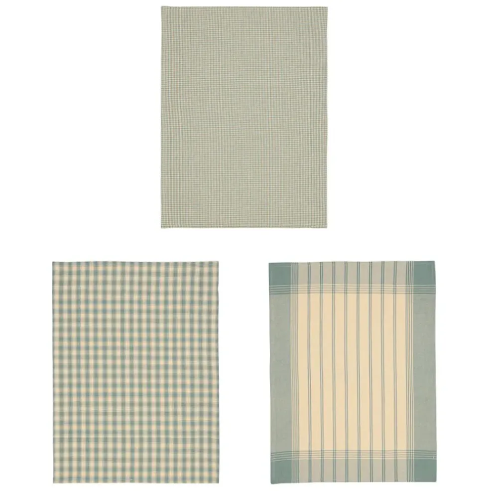 Torchons x3 en coton vichy et rayé sauge 50x70cm - Campagne