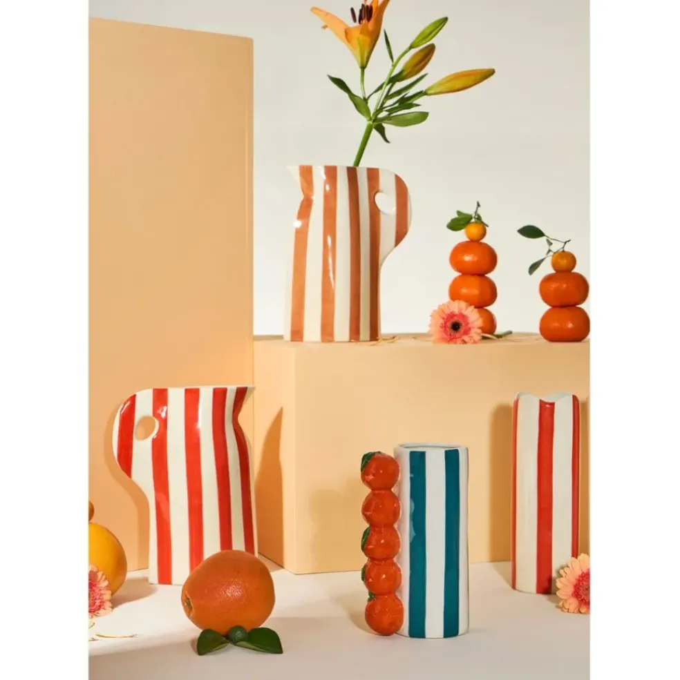Vase cylindre en grès rayé corail et blanc h23cm - Artist
