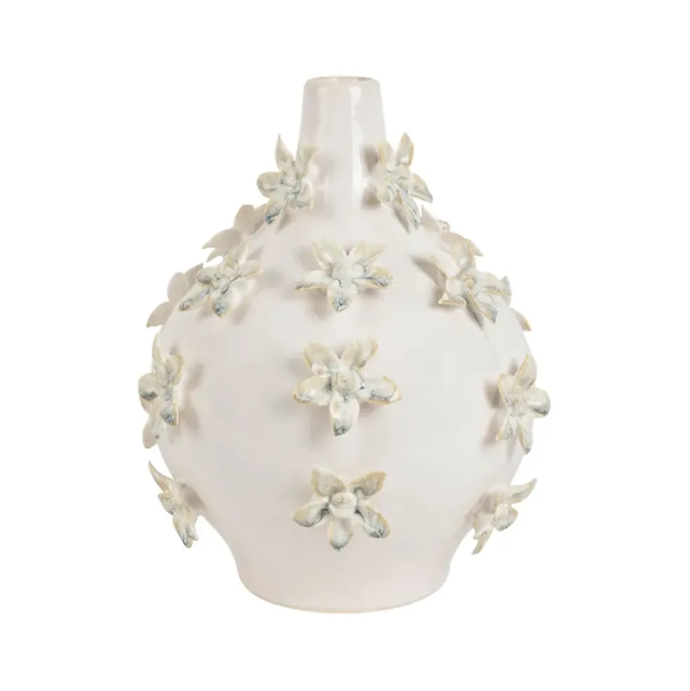 Vase dame jeanne en grès fleurs blanc cassé h25cm - Delicio