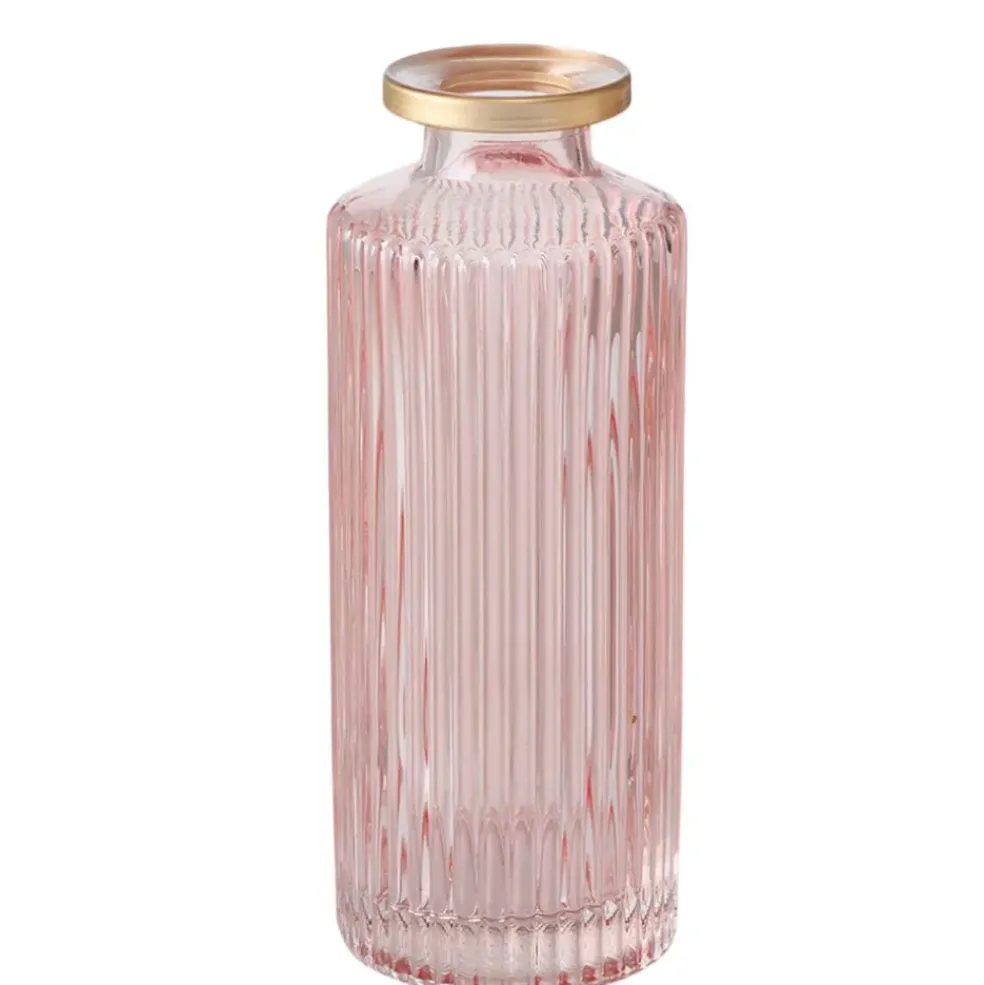 Vase en verre strié rose et or h13cm - Adore